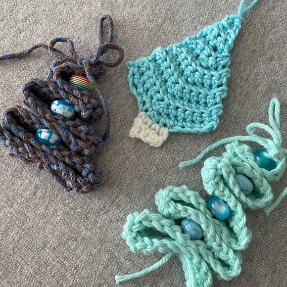 Handmade Crochet Blue Brown Holiday Christmas Tree Hanging Decorations Set of 3 - Picture 5 of 6